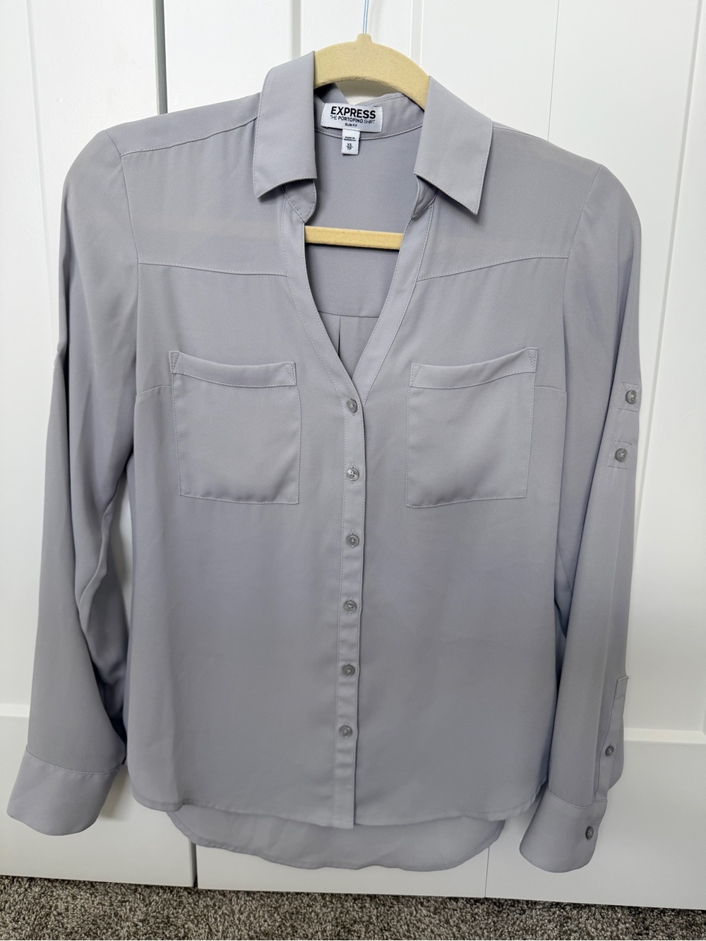 Express Portofino Slim Fit Light Gray Button-Down Blouse